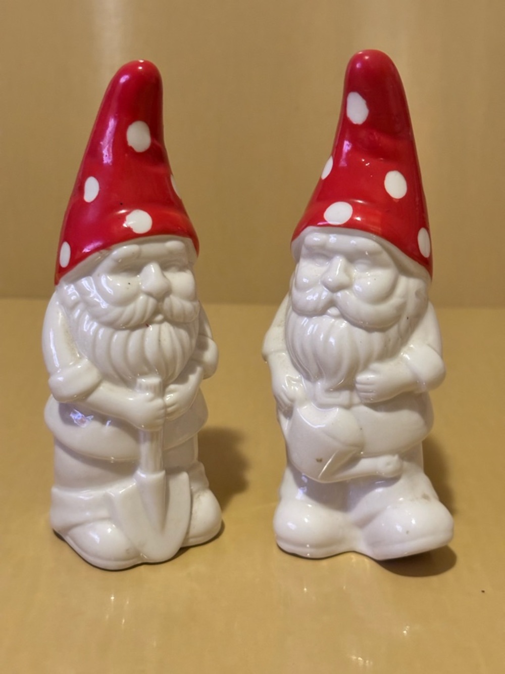 Pair of Ceramic Gnome Figurines with Red Polka-Dot Hats